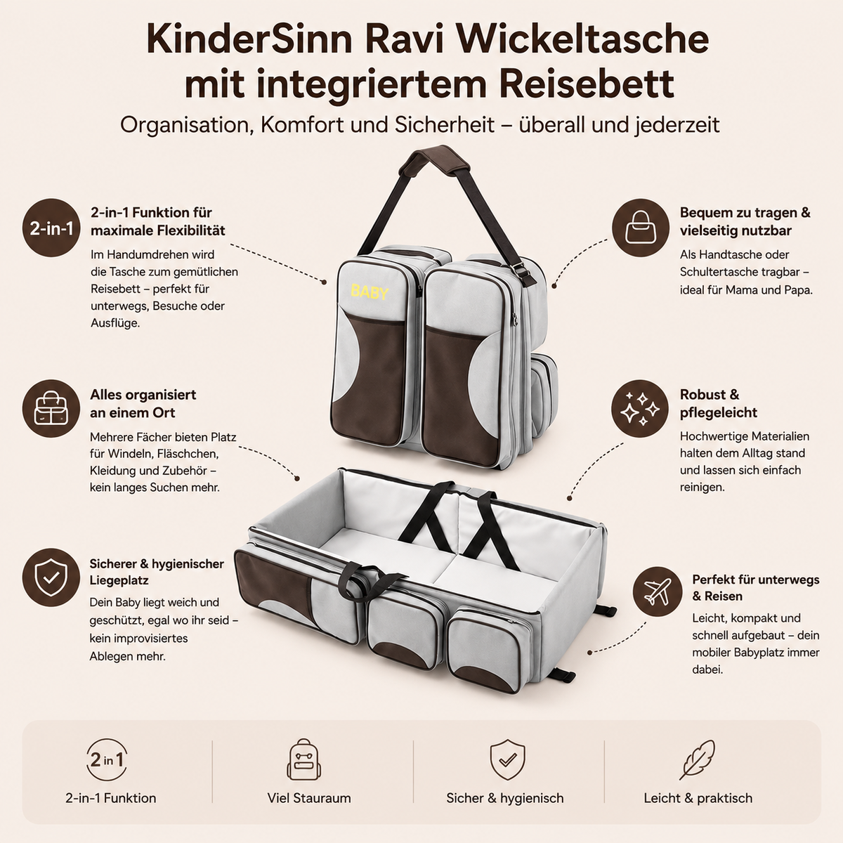 Ravi I Faltbares 2in1 Babybett für Zuhause & unterwegs mit Taschen