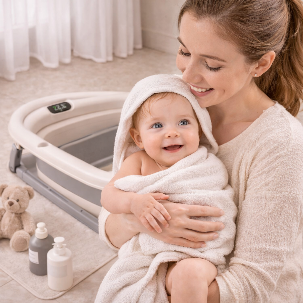 Liora I Temperaturfreundliche Babybadewanne mit Display und Klappfunktion