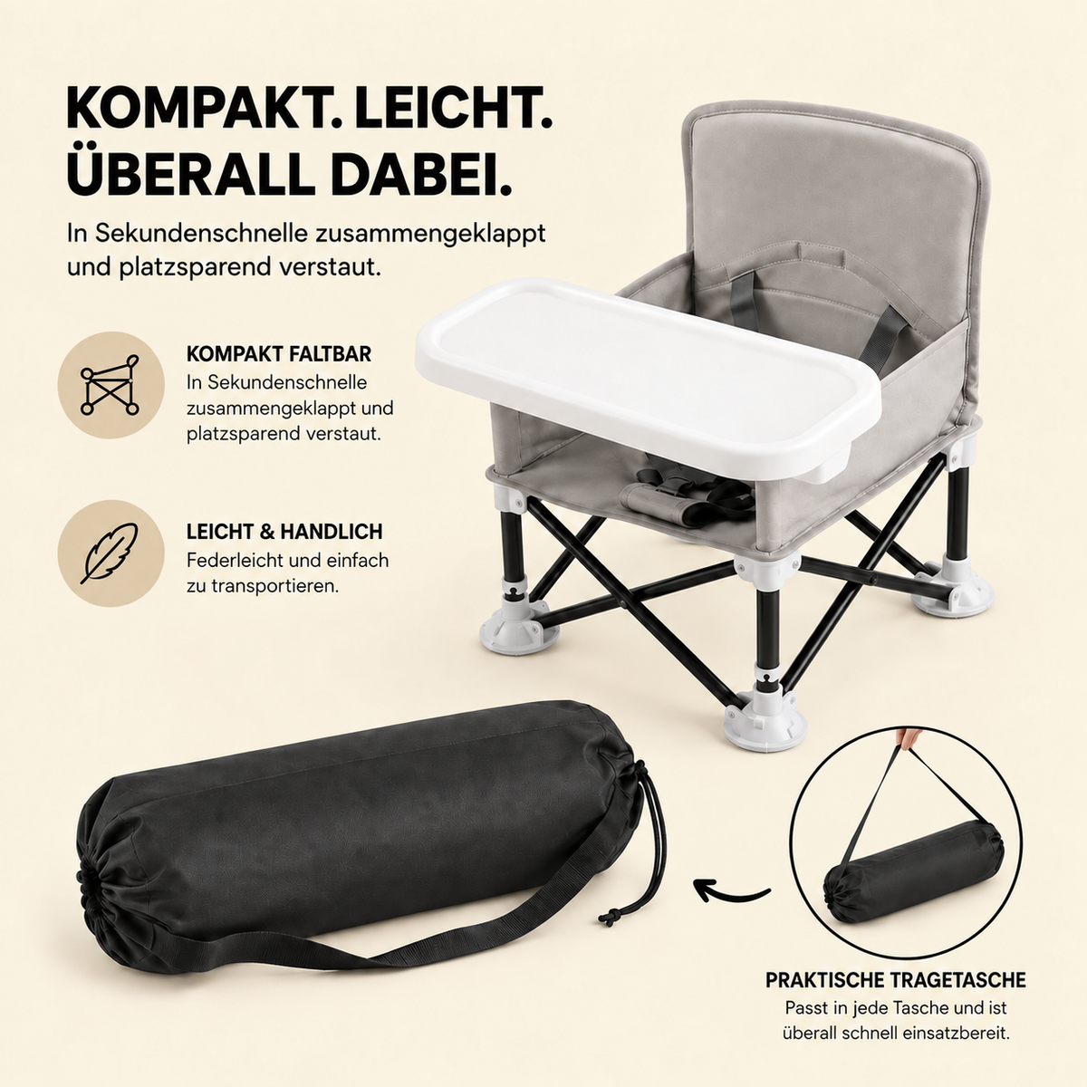 Reise-Kinderstuhl faltbar mit Esstablett und Sicherheitsgurt I Nomi