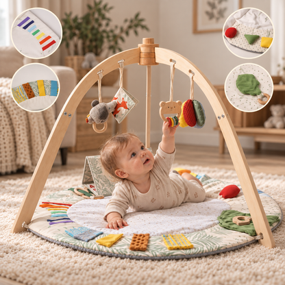 Krabbeldecke mit Holz-Spielbogen und Spielzeug I Sana